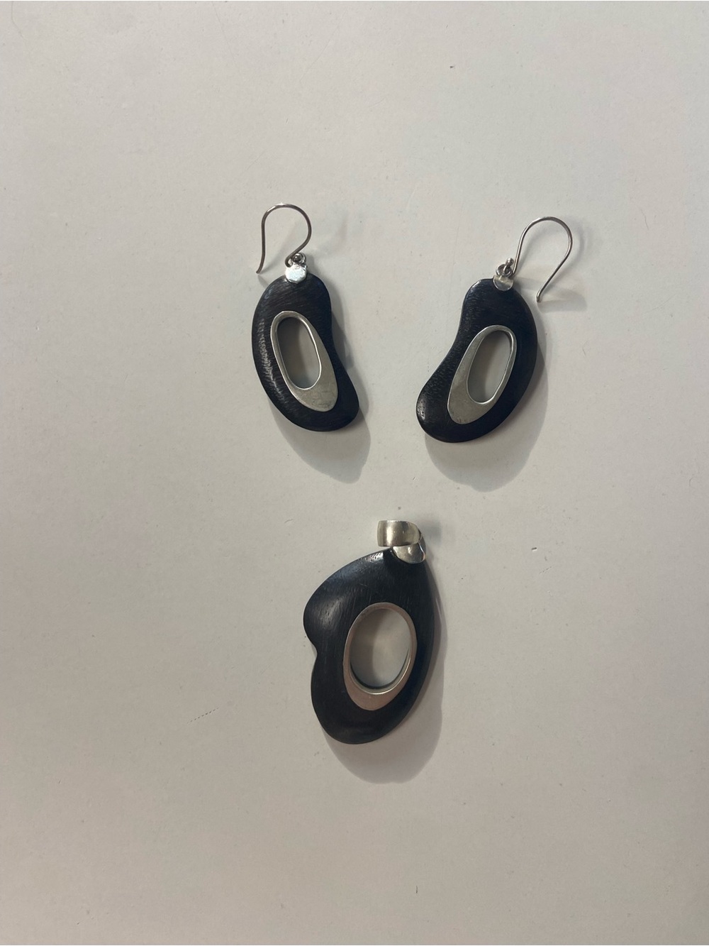 Dark Wood and Sterling Silver Earrings and Pendant Set 925 never worn Jewelry